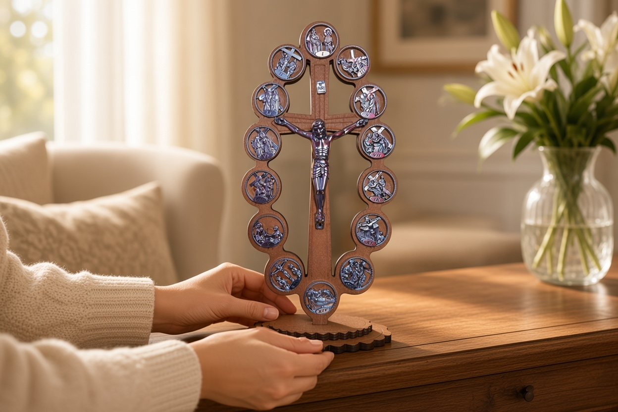 Stations of the cross wood and tinplate stand