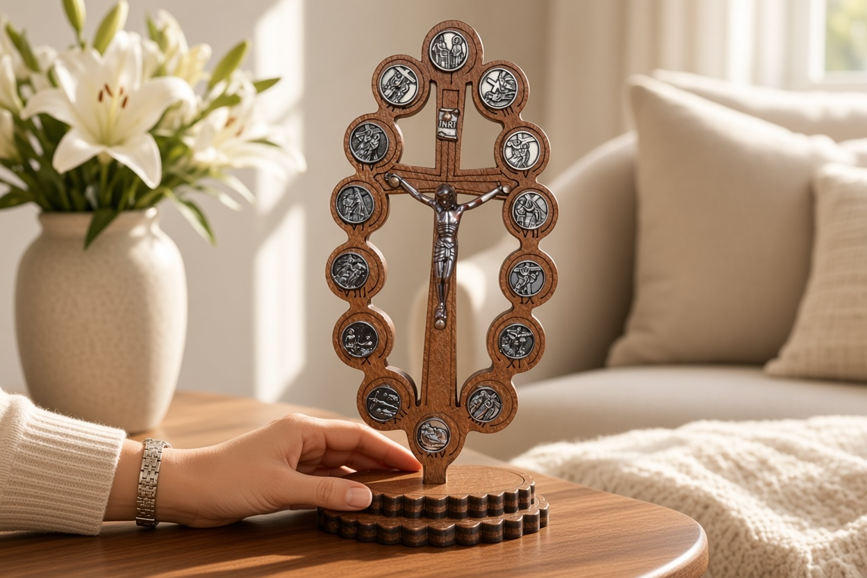 Stations of the cross wooden and tinplate stand