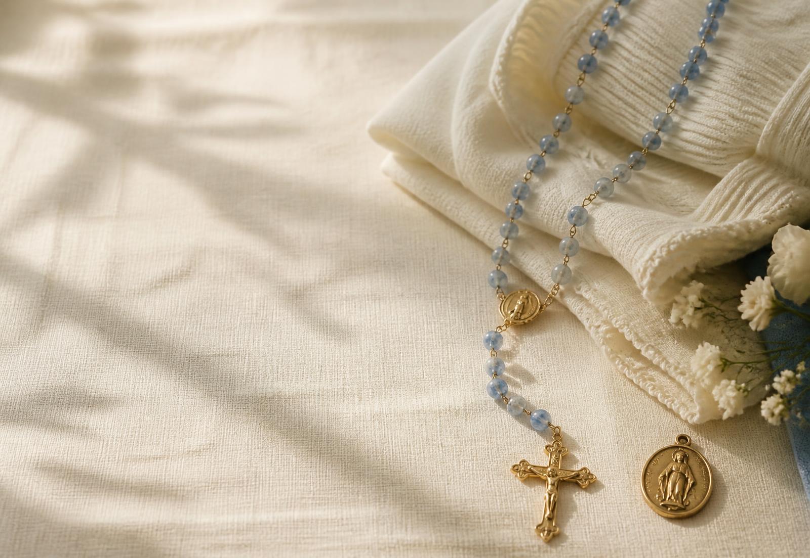 A blue rosary and gold Marian medal resting on folded ivory linen in soft daylight