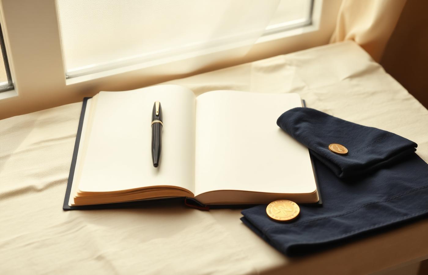 An open notebook and navy cloth in warm window light